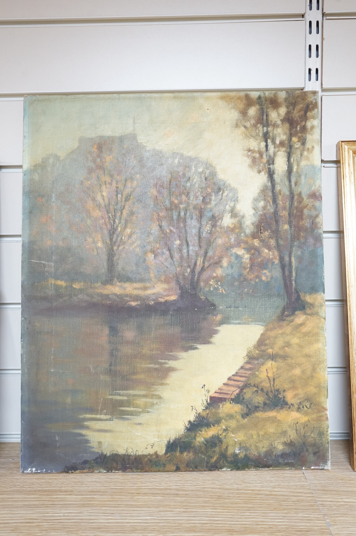 20th century school, oil on canvas, Riverscape, indistinctly signed, unframed, 51 x 40cm. Condition- fair